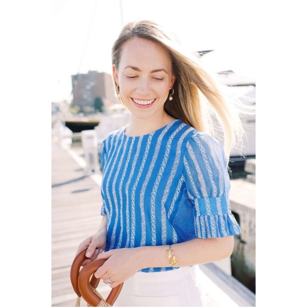 Tory Burch Blue and White Embroidered Organza Floral Stripe Top